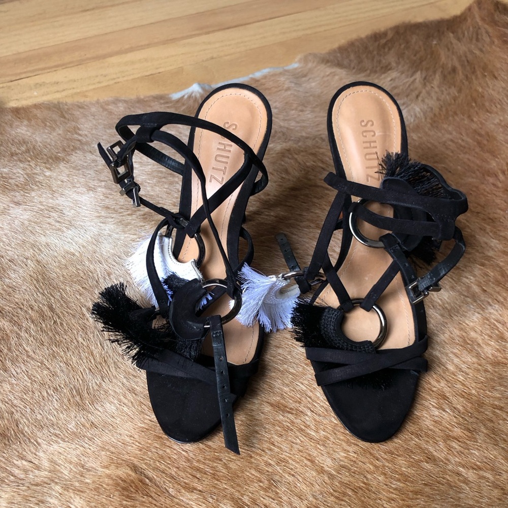 SCHUTZ Black Strappy Tacila Acamurcado Heels with Tassels size 7.5